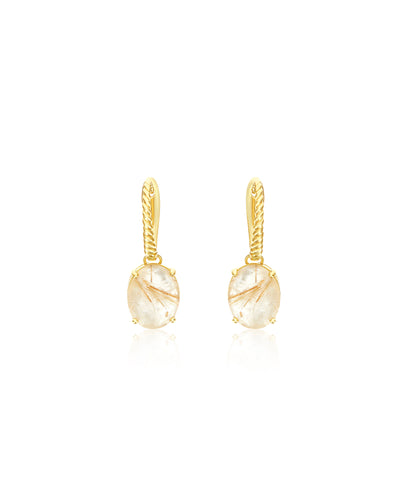 "Ipanema Duna" leverback earrings in polished gold with doublet of rutilated quartz and mother-of-pearl
