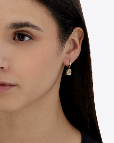 "Ipanema Duna" leverback earrings in polished gold with doublet of rutilated quartz and mother-of-pearl