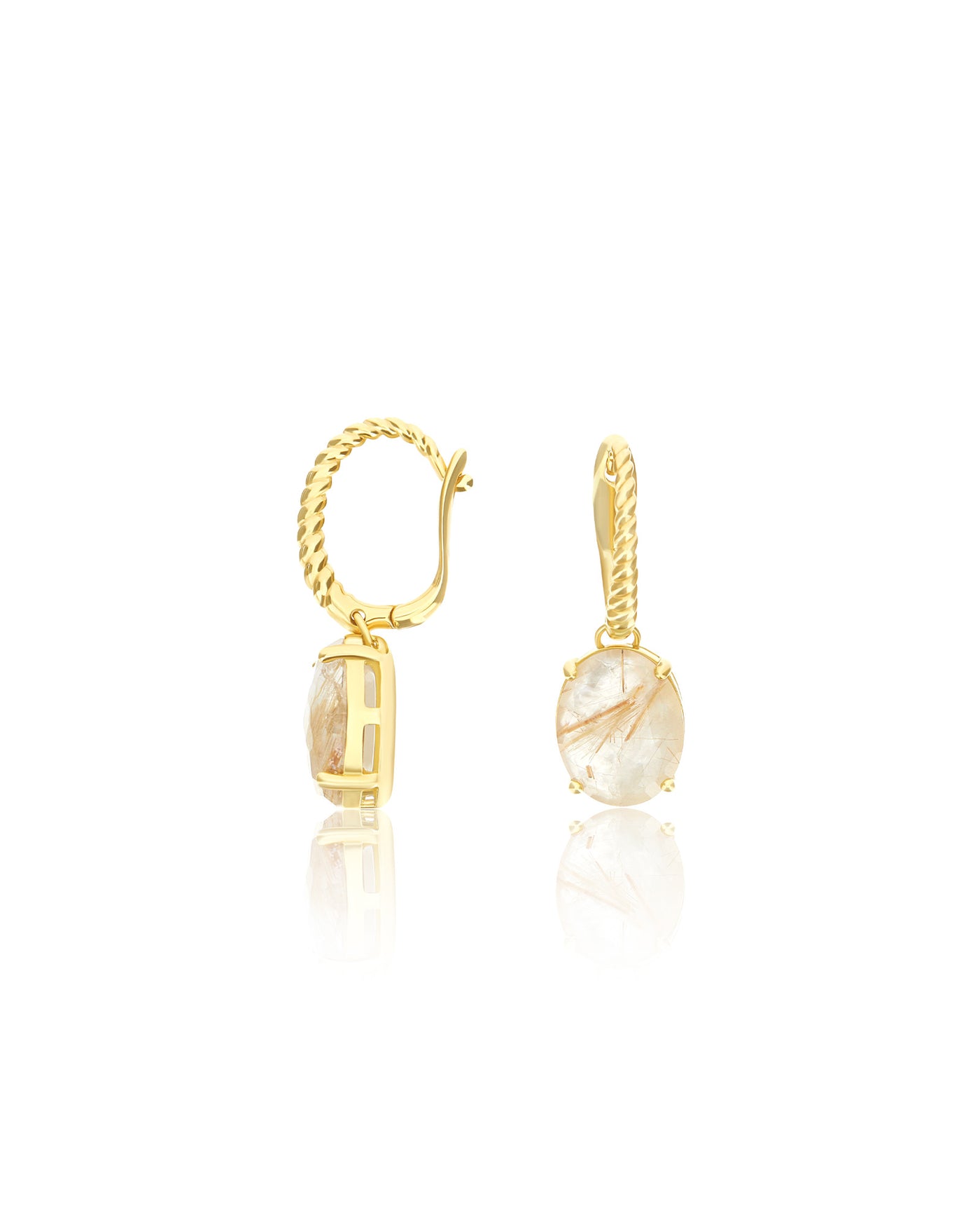 "Ipanema Duna" leverback earrings in polished gold with doublet of rutilated quartz and mother-of-pearl