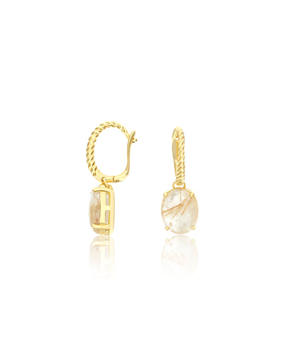 "Ipanema Duna" leverback earrings in polished gold with doublet of rutilated quartz and mother-of-pearl
