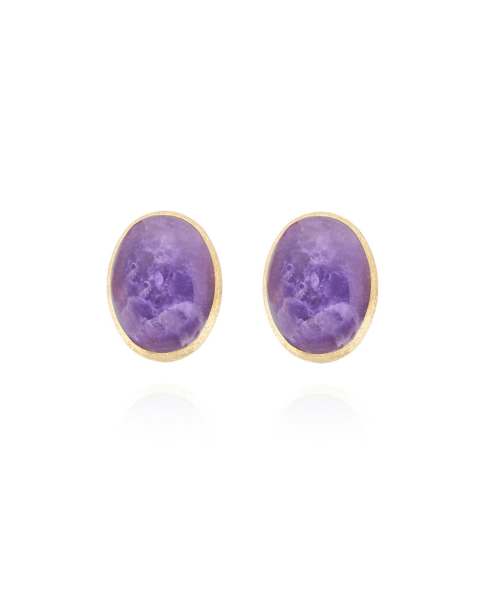 Orecchini di perle a lobo "Muse" Violetta in oro inciso, lepidolite e madreperla (medi)