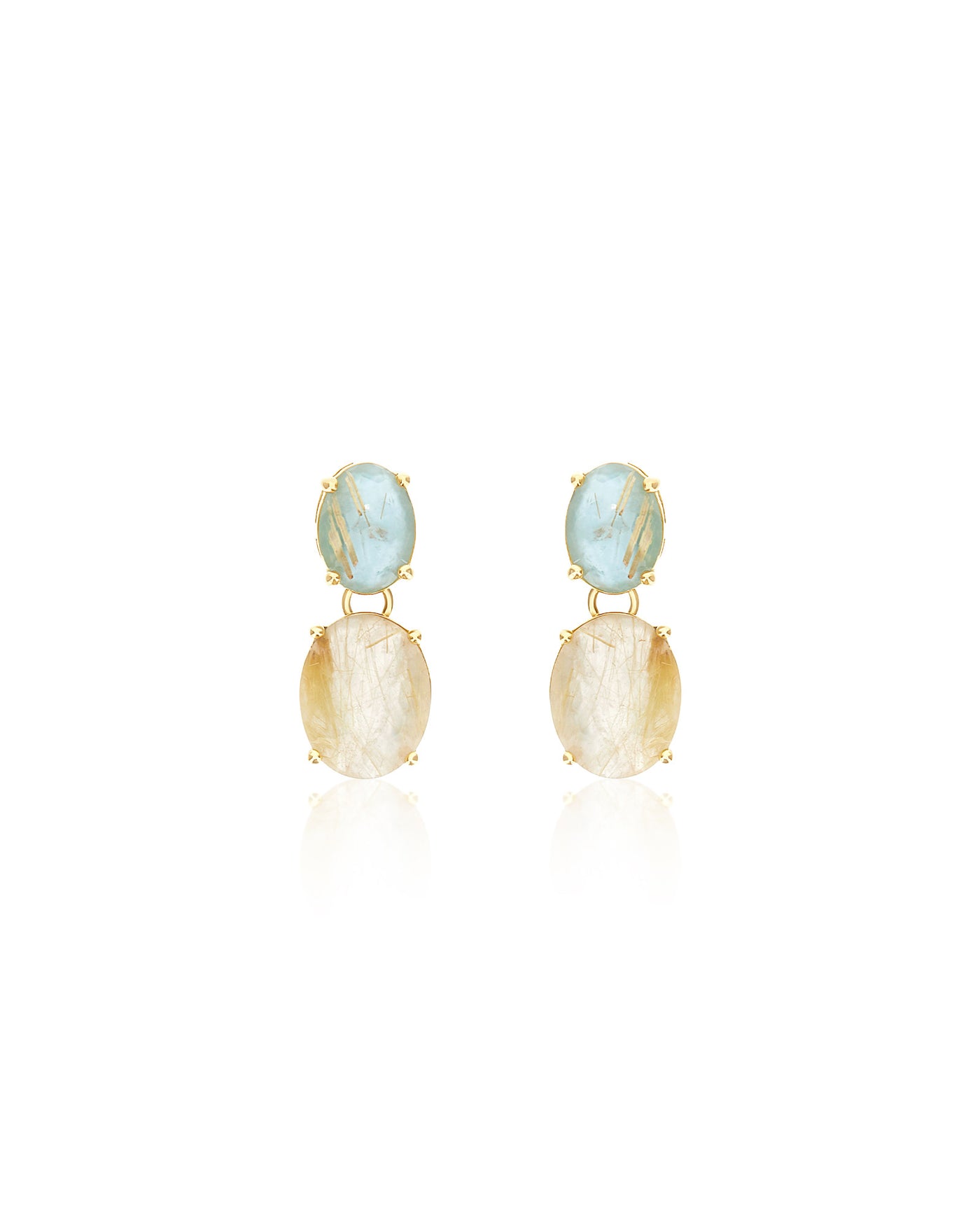 "Ipanema Maré" dangle earrings in polished gold with triplet of rutilated quartz, mother-of-pearl and amazonite