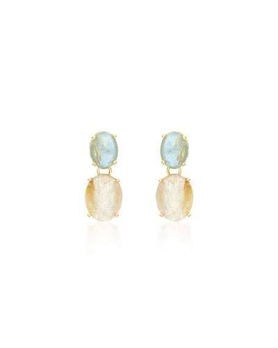 "Ipanema Maré" dangle earrings in polished gold with triplet of rutilated quartz, mother-of-pearl and amazonite
