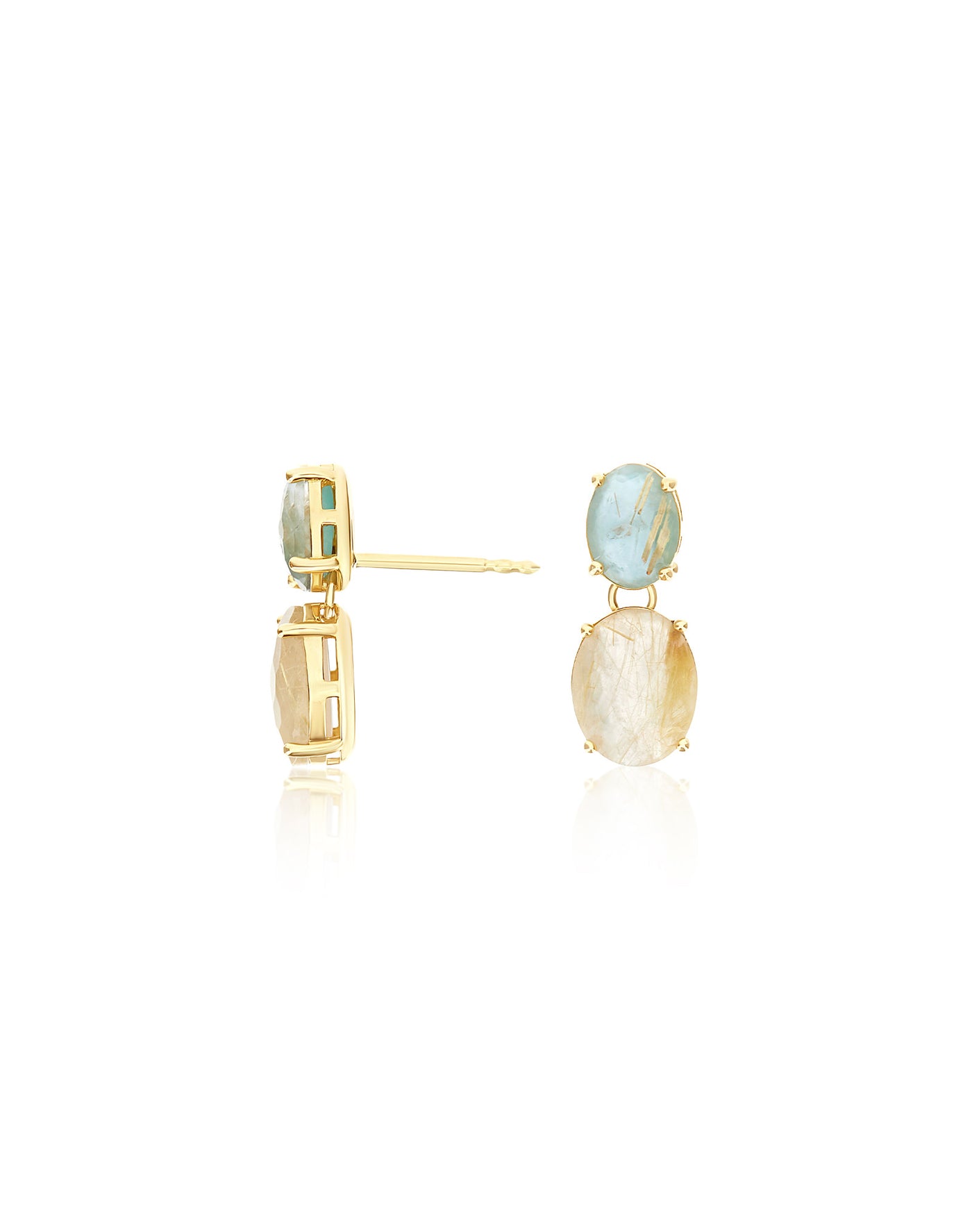 "Ipanema Maré" dangle earrings in polished gold with triplet of rutilated quartz, mother-of-pearl and amazonite