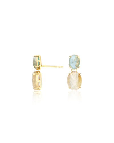 "Ipanema Maré" dangle earrings in polished gold with triplet of rutilated quartz, mother-of-pearl and amazonite