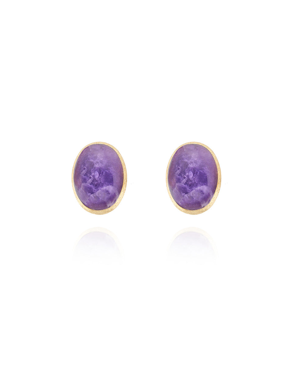 Orecchini di perle a lobo "Muse" Violetta in oro inciso, lepidolite e madreperla (piccoli)
