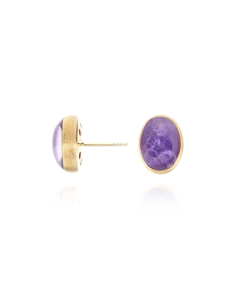 Orecchini di perle a lobo "Muse" Violetta in oro inciso, lepidolite e madreperla (piccoli)