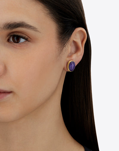 Orecchini di perle a lobo "Muse" Violetta in oro inciso, lepidolite e madreperla (piccoli)