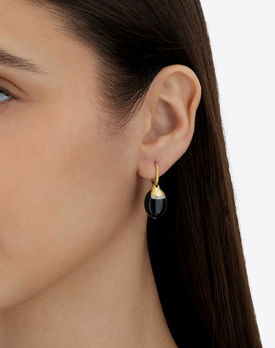 Orecchini CILIEGINE "DANCING MYSTERY BLACK" pendenti con boules in oro, onice nero e dettagli in diamante (grandi)