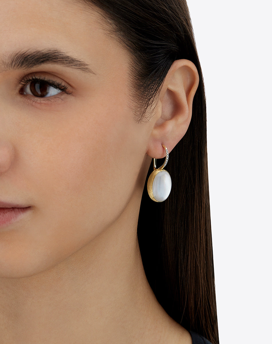 Dolcevita Boules “Ciliegine” earrings in engraved gold, diamonds, mother-of-pearl and rock crystal (large)