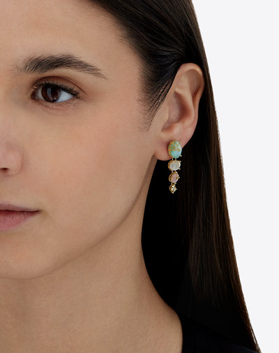 Orecchini "Ipanema" Multicolor in oro lucido con quarzo rutilato, madreperla, amazzonite, giada rosa e diamanti