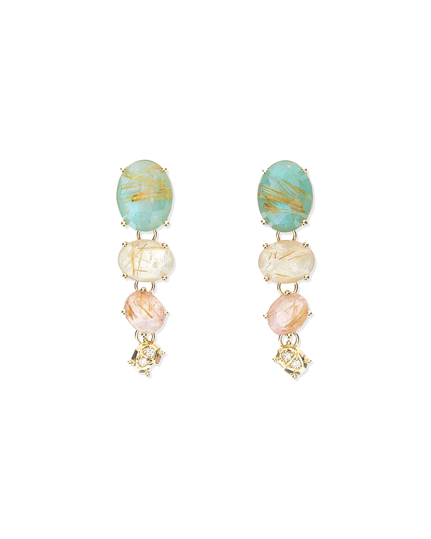 Orecchini "Ipanema" Multicolor in oro lucido con quarzo rutilato, madreperla, amazzonite, giada rosa e diamanti