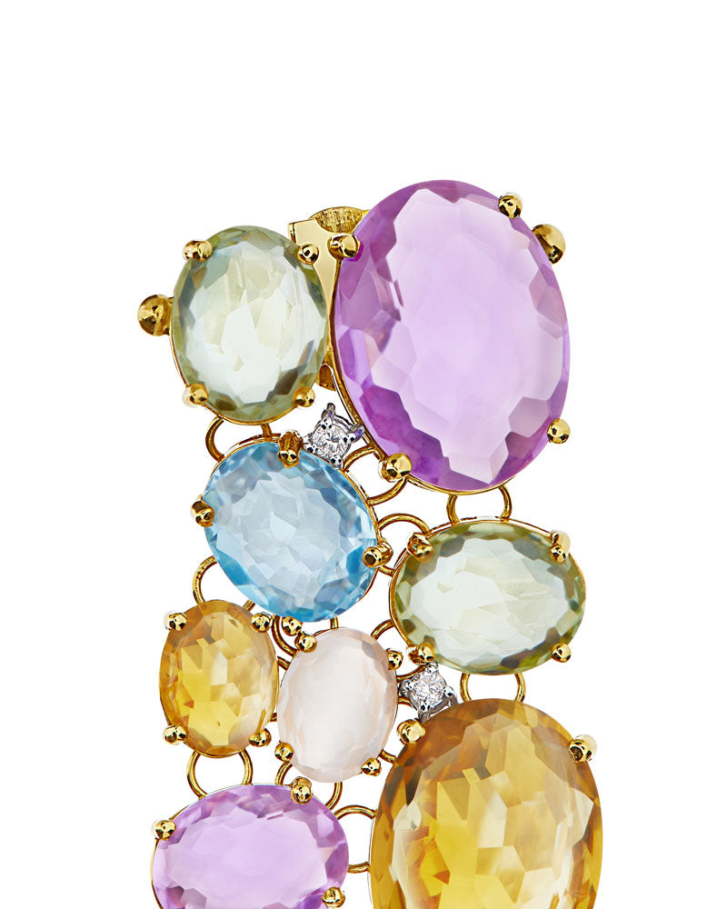 "ipanema" gold, amethyst, blue topaz. quarz and diamonds cuff bracelet