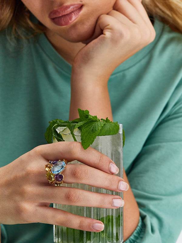 "ipanema" gold , amethyst, blue topaz and quartz band ring