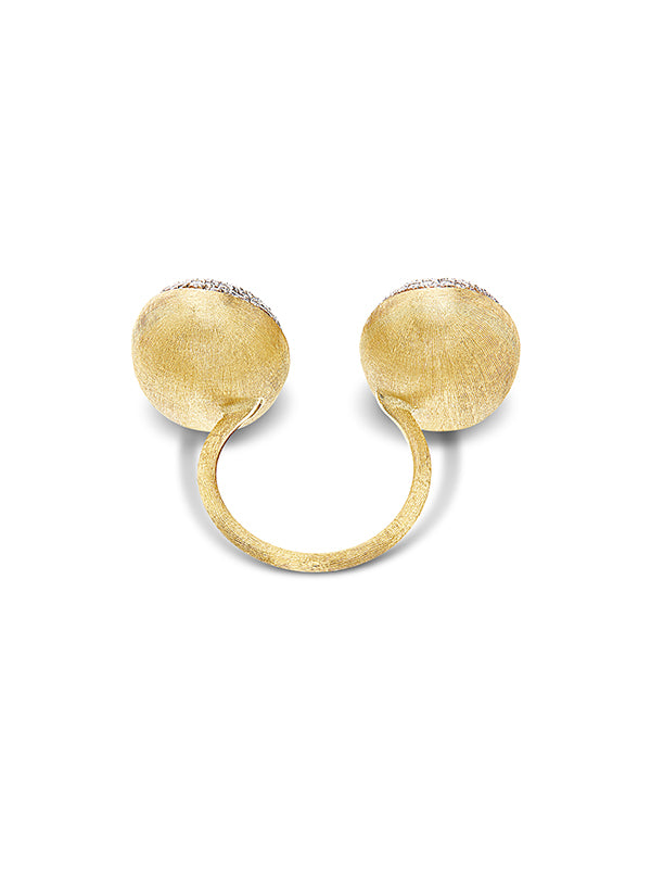 Anello iconico "BUBBLE" con due boules in oro e diamanti (grande)