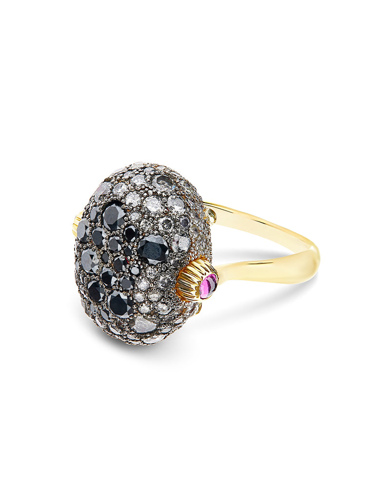 Anello "DANCING REVERSE" double face in oro, rubini, diamanti e cristallo di rocca (grande)