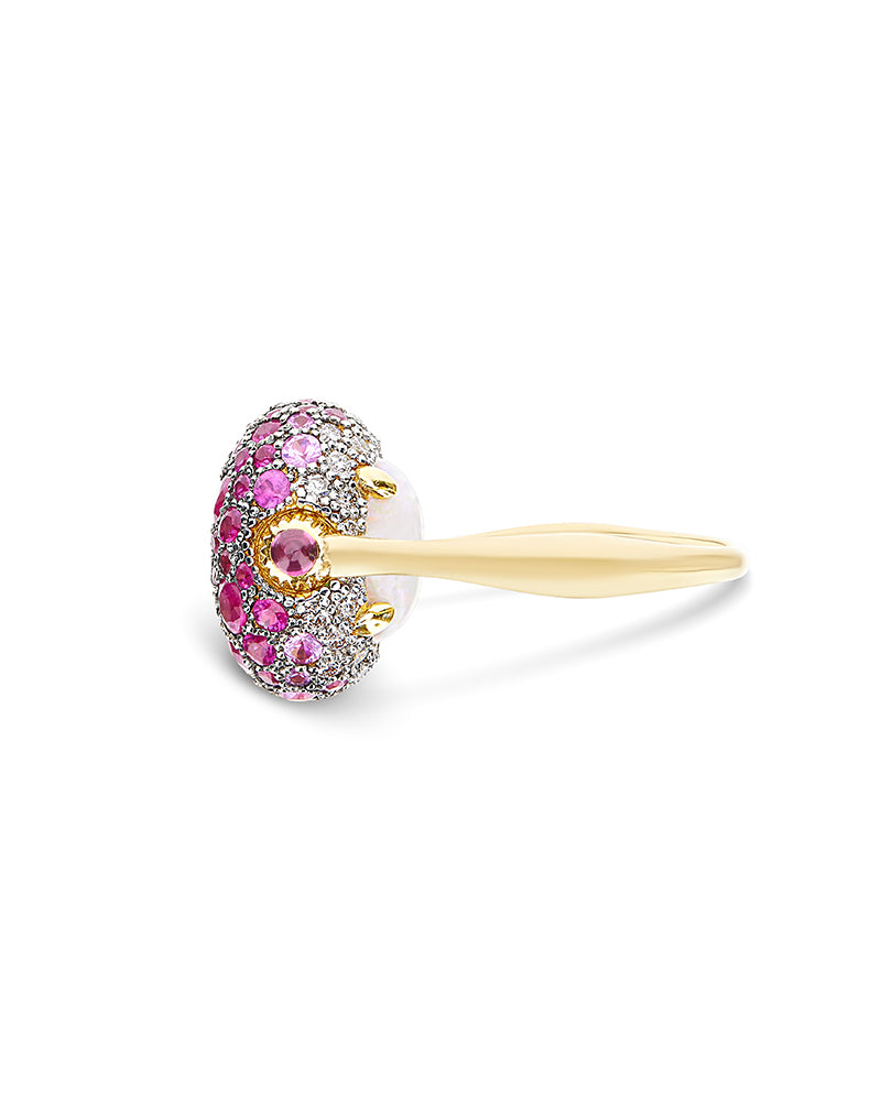 Anello "DANCING REVERSE" double face in oro, zaffiri rosa, rubini, opale bianco Australiano e diamanti (medio)