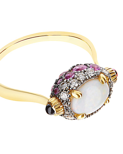 "reverse" gold, pink sapphires, rubies, white australian opal and diamonds double-face ring (small)