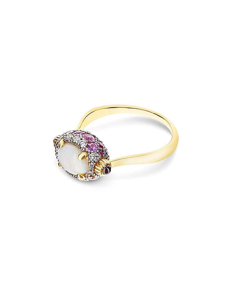 Anello "DANCING REVERSE" double face in oro, zaffiri rosa, rubini, opale bianco Australiano e diamanti (piccolo)