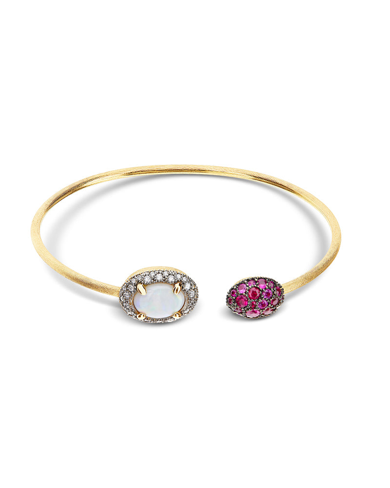 Bracciale a schiava "DANCING REVERSE" in oro, zaffiri rosa, rubini, opale bianco Australiano e diamanti