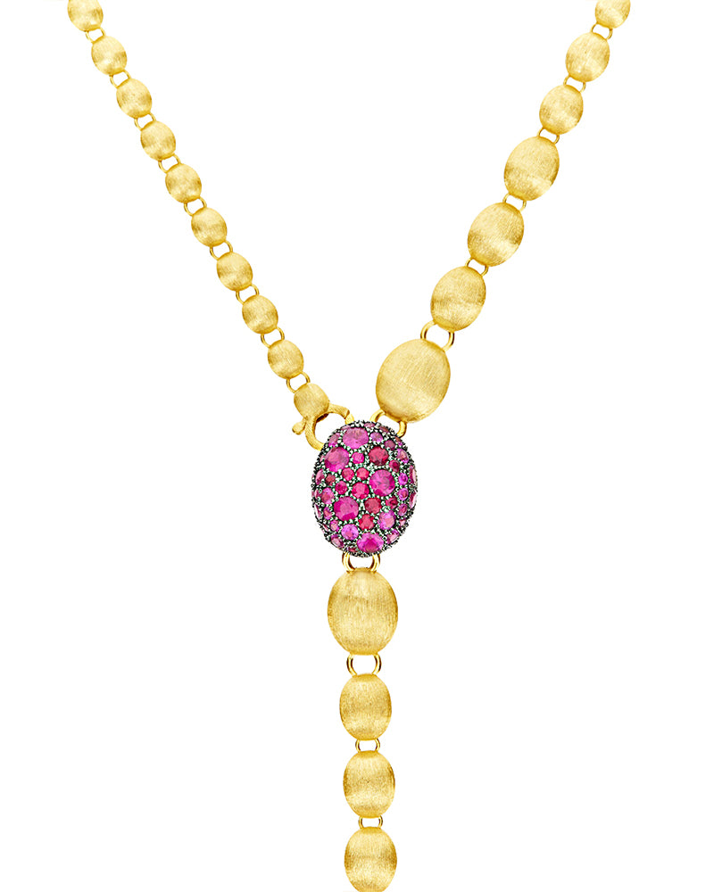 Collana a Y "DANCING REVERSE" double face in oro, zaffiri rosa, rubini, opale bianco Australiano e diamanti