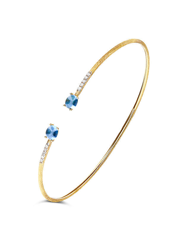 Bracciale a schiava "DANCING AZURE" inciso a mano in oro, diamanti e topazio London blu