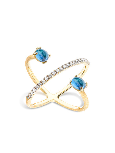 Anello ad incrocio "DANCING AZURE" in oro, diamanti e topazio London blu