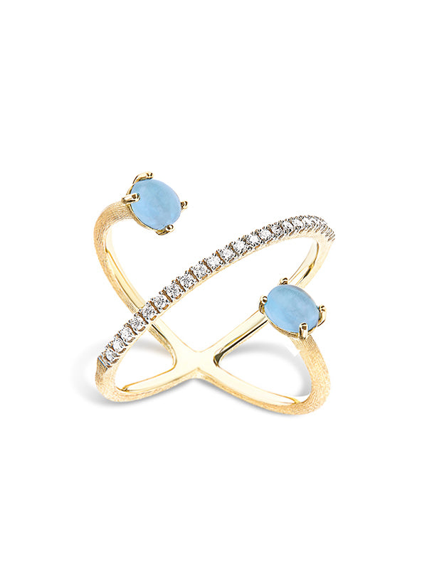 Anello ad incrocio "DANCING AZURE" in oro, diamanti e acquamarina