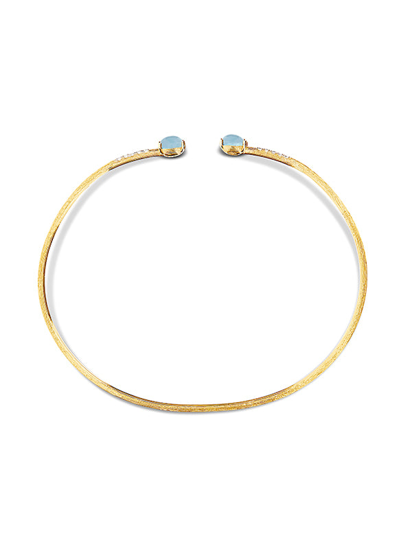 Bracciale a schiava "DANCING AZURE" inciso a mano in oro, diamanti e acquamarina