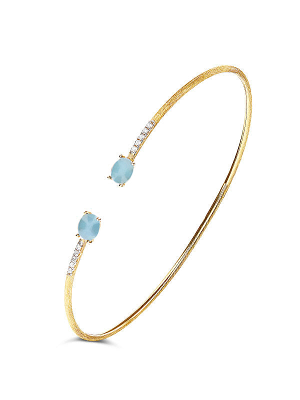 Bracciale a schiava "DANCING AZURE" inciso a mano in oro, diamanti e acquamarina