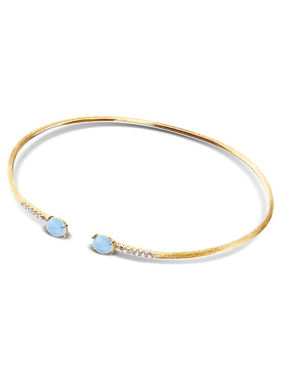 Bracciale a schiava "DANCING AZURE" inciso a mano in oro, diamanti e acquamarina