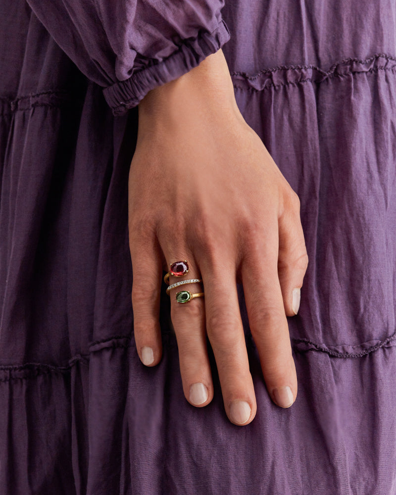 "tourmalines" gold, diamonds, pink and green tourmalines, spiral ring 