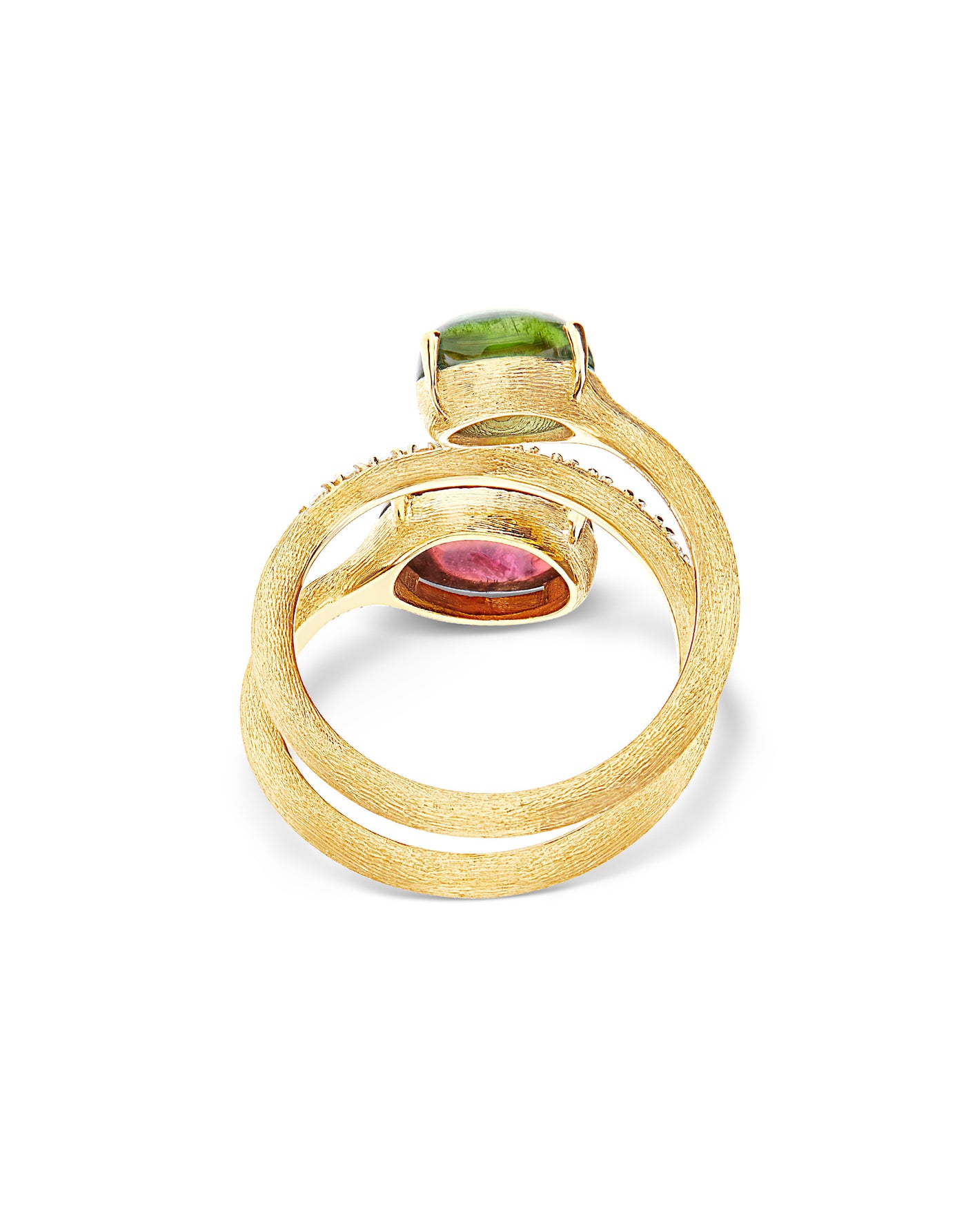 Anello contrariè "DANCING TOURMALINES" in oro, diamanti, tormaline rosa e verdi