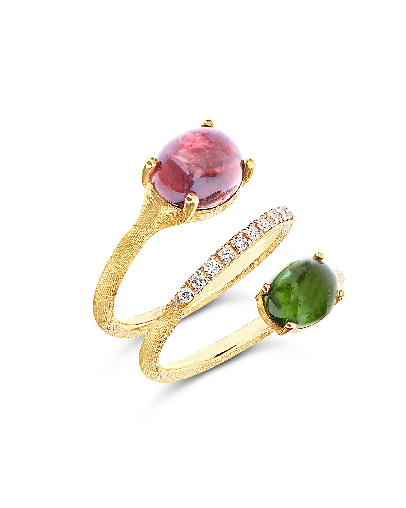"tourmalines" gold, diamonds, pink and green tourmalines, spiral ring