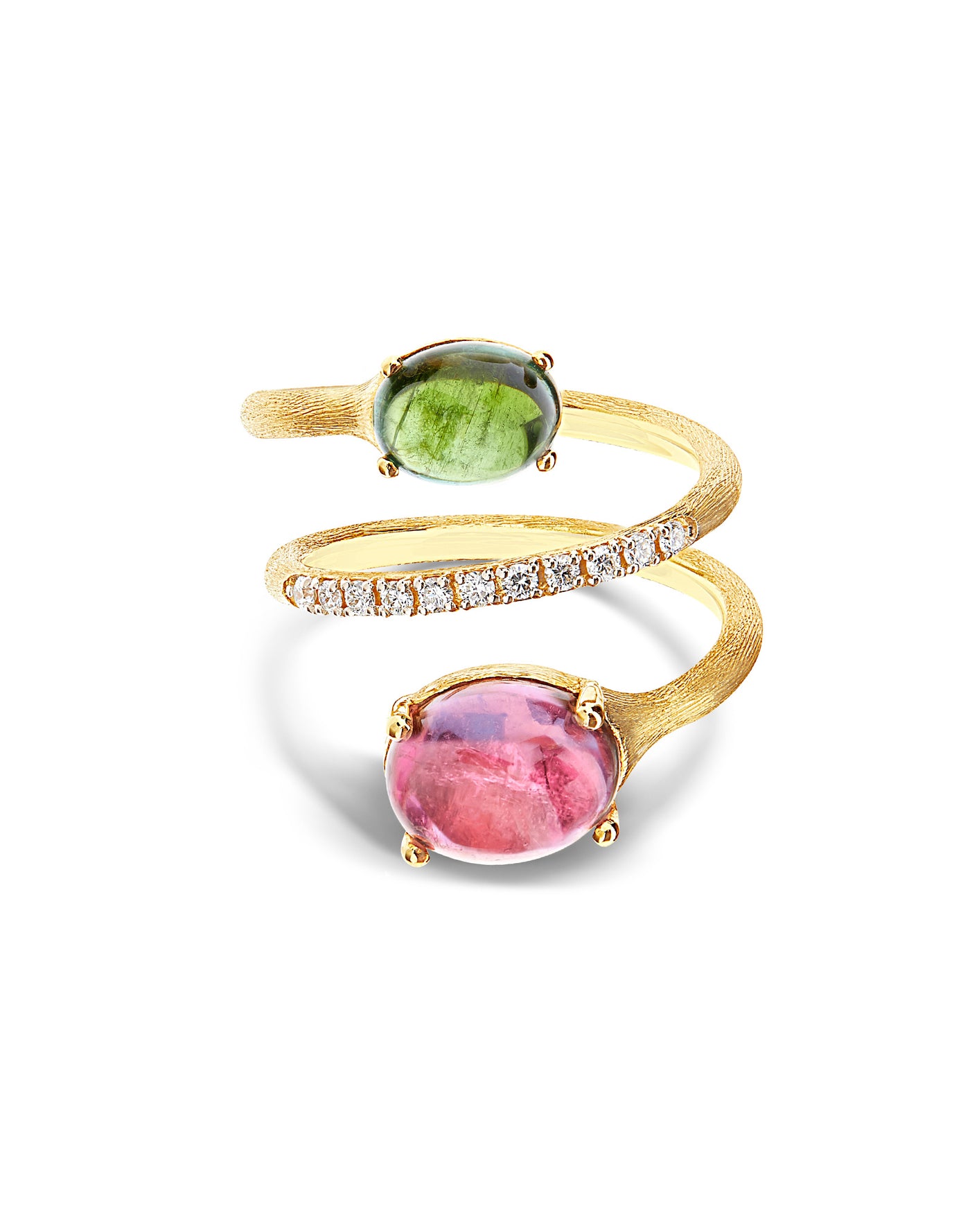 Anello contrariè "DANCING TOURMALINES" in oro, diamanti, tormaline rosa e verdi