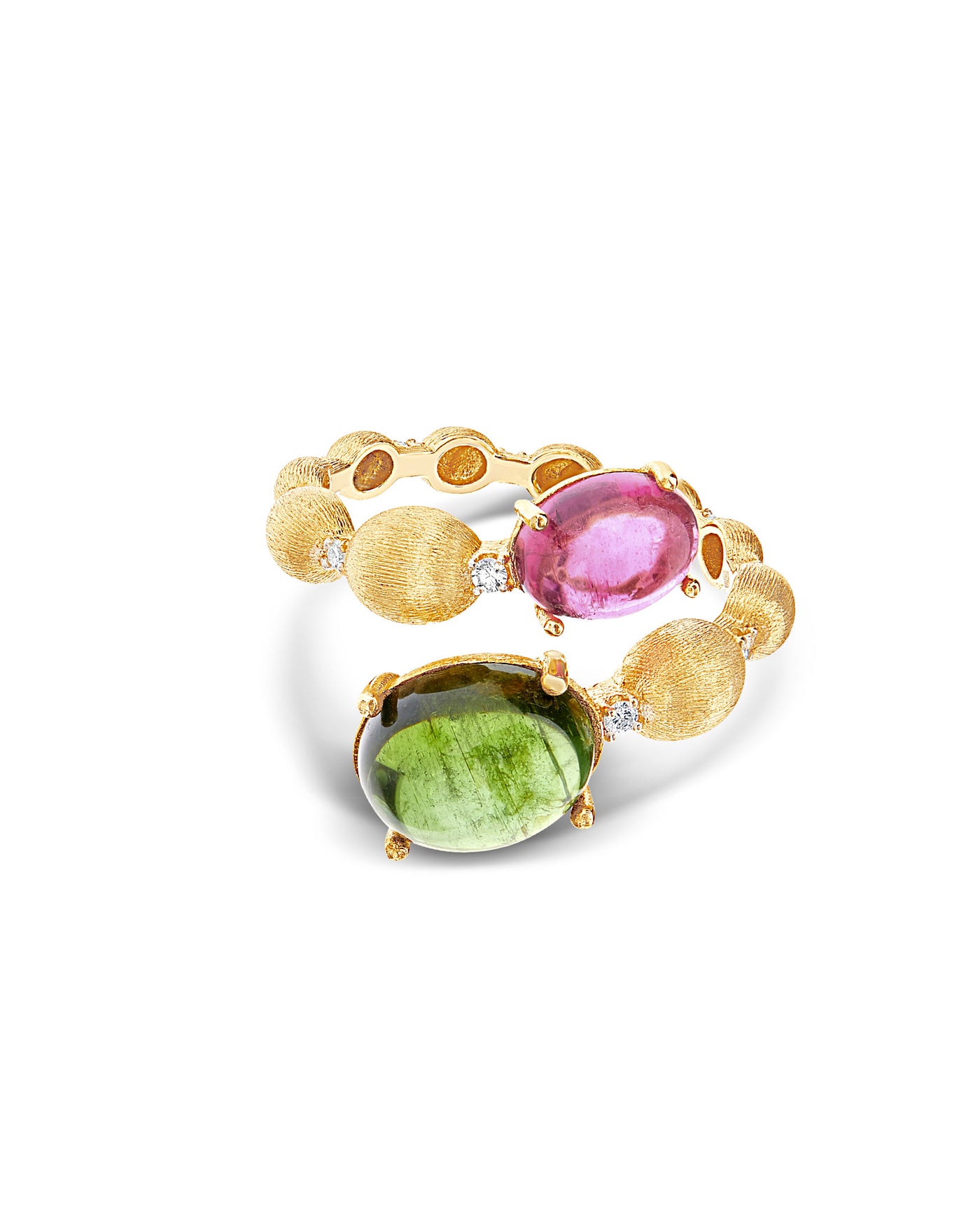 Anello contrariè "DANCING TOURMALINES" in oro, diamanti, tormaline rosa e verdi (grande)