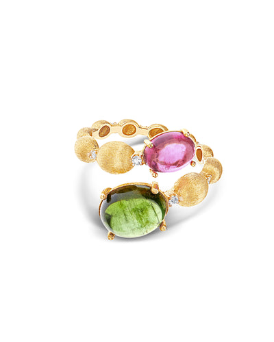 Anello contrariè "DANCING TOURMALINES" in oro, diamanti, tormaline rosa e verdi (grande)