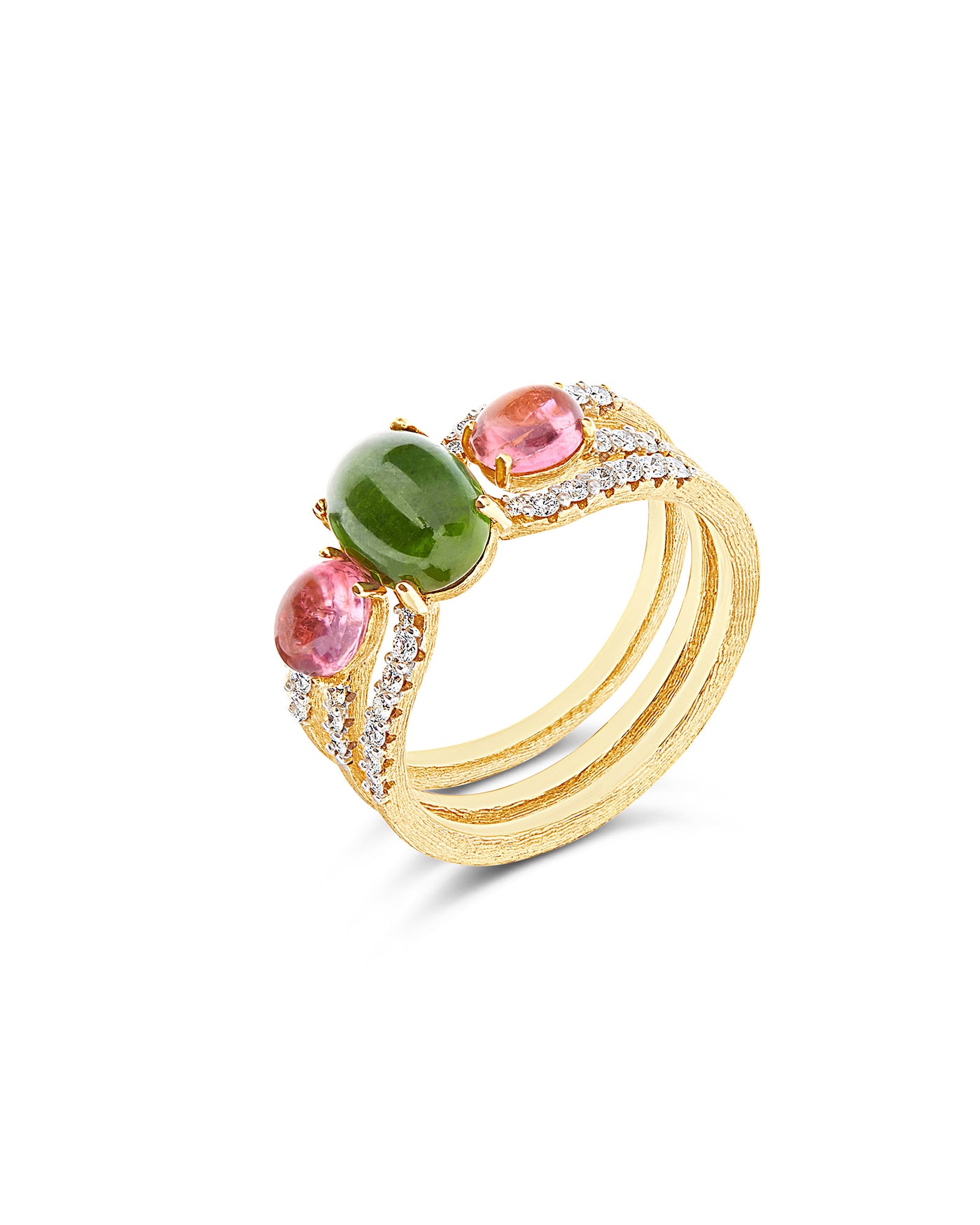 Anello "DANCING TOURMALINES" scomponibile in oro, diamanti, tormaline rosa e verdi