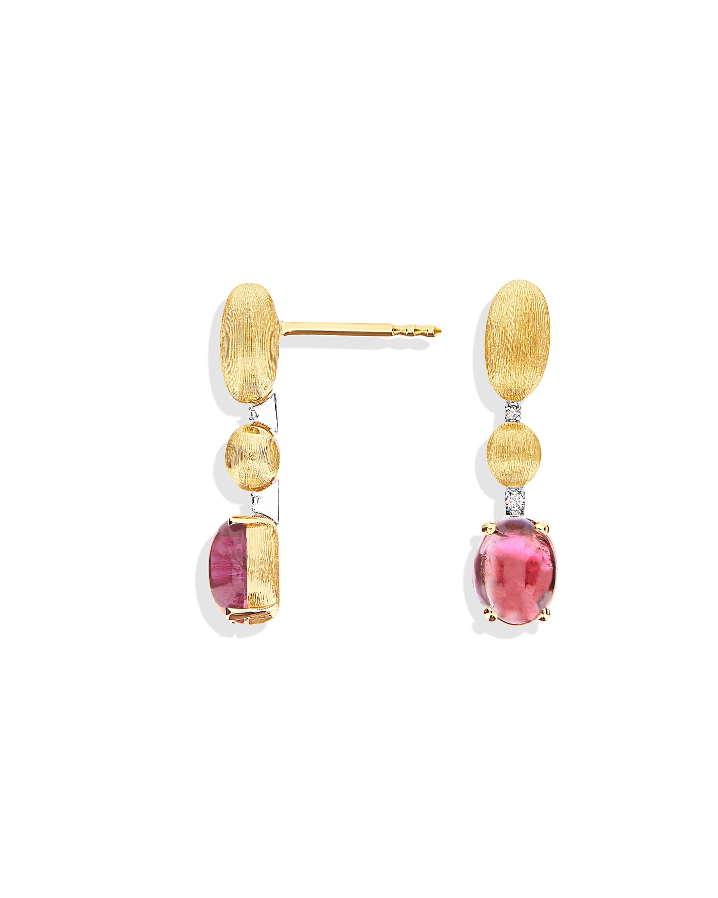 Orecchini "DANCING TOURMALINES" con boules pendenti in oro, diamanti e tormalina rosa (corti)