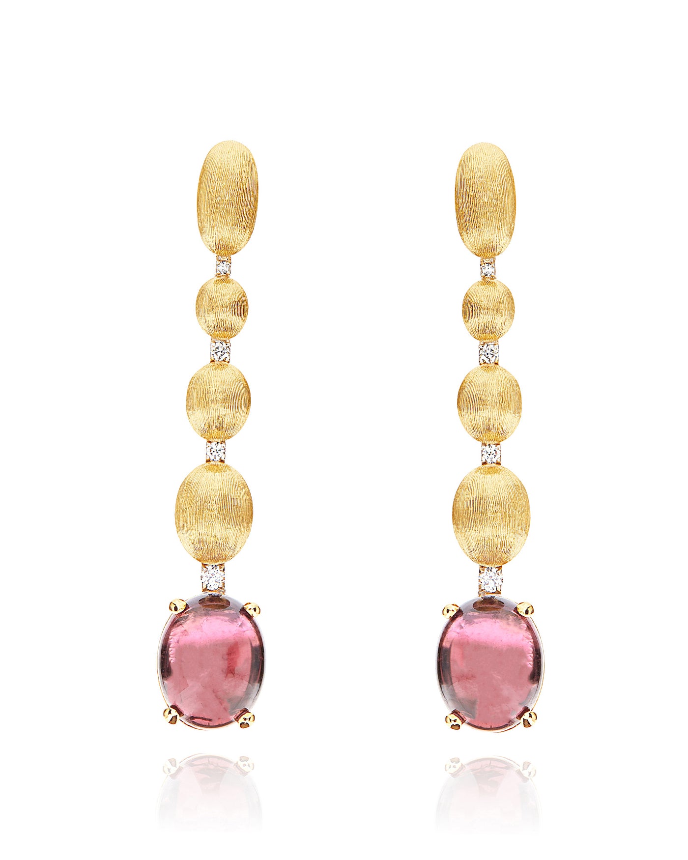 Orecchini "DANCING TOURMALINES" con boules pendenti in oro, diamanti e tormalina rosa (lunghi)