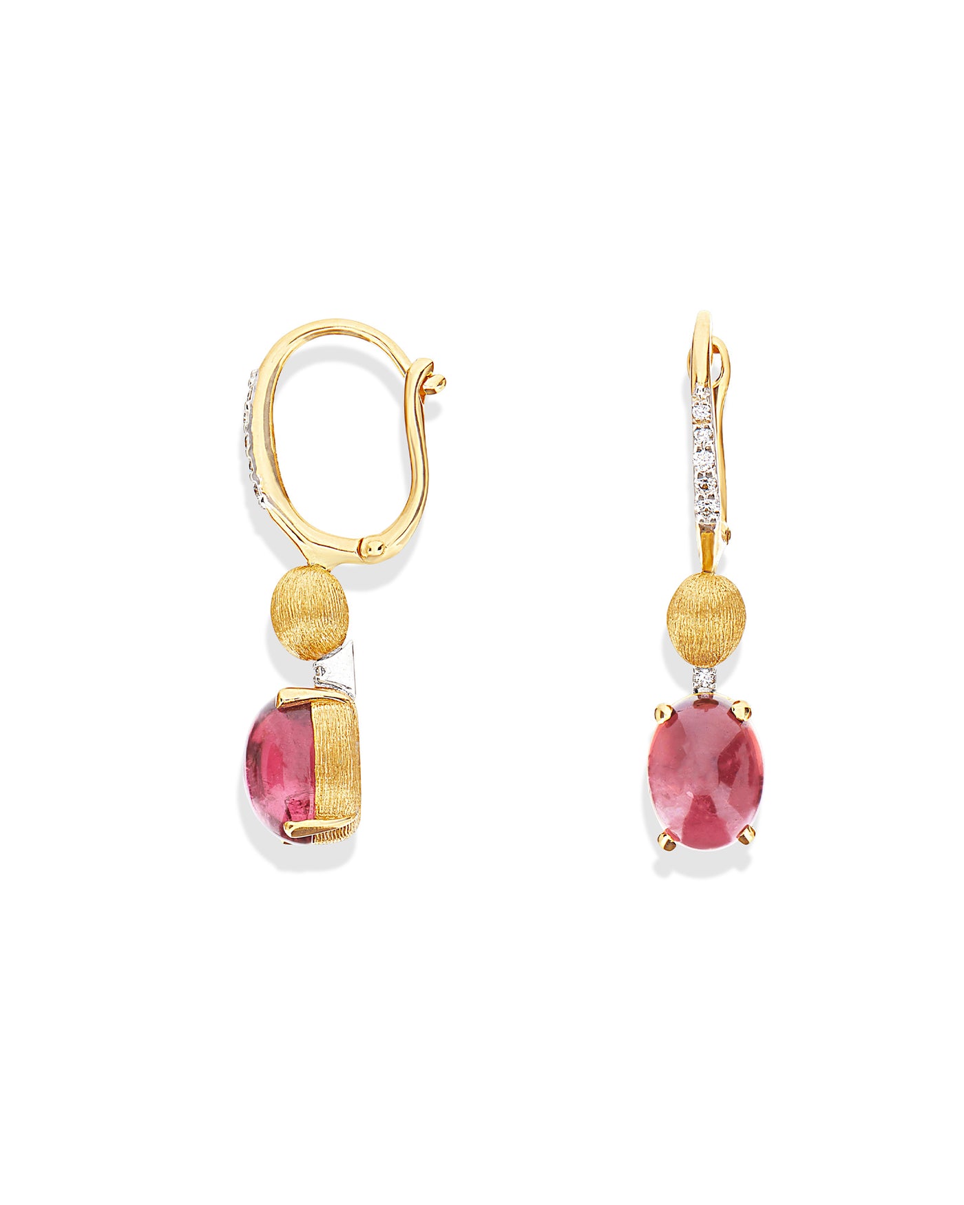 Orecchini "DANCING TOURMALINES" con boules pendenti in oro, diamanti e tormalina rosa (piccoli)