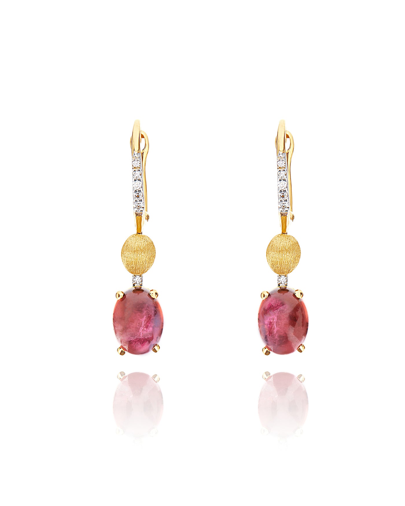 Orecchini "DANCING TOURMALINES" con boules pendenti in oro, diamanti e tormalina rosa (piccoli)