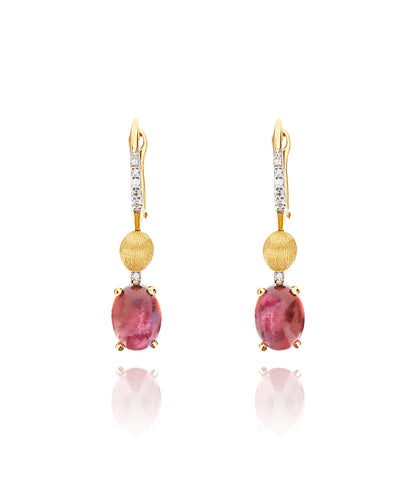 Orecchini "DANCING TOURMALINES" con boules pendenti in oro, diamanti e tormalina rosa (piccoli)