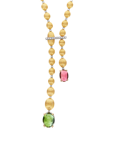 Collana "DANCING TOURMALINES" in oro, diamanti, tormaline rosa e verdi (corta)