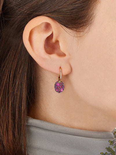 "reverse" ciliegine gold, pink sapphires, rubies, white australian opal and diamonds double-face ball drop earrings (small)