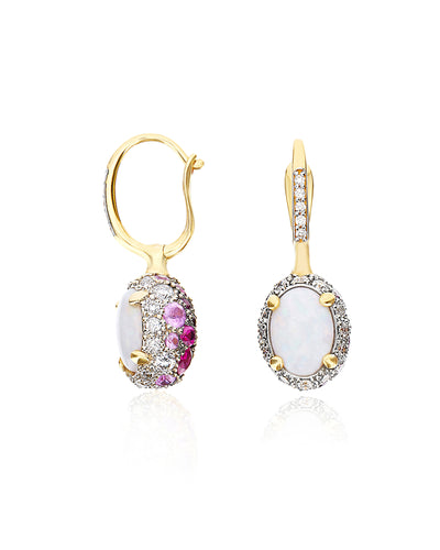 "reverse" ciliegine gold, pink sapphires, rubies, white australian opal and diamonds double-face ball drop earrings (small)