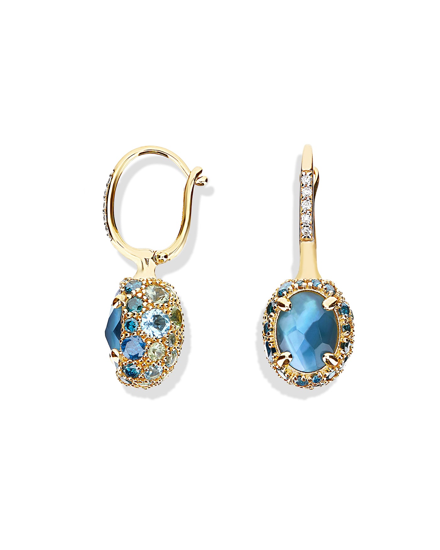 "reverse" ciliegine gold, blue diamonds, swiss blue topaz, green sapphires and london blue topaz double-face ball drop earrings (small)