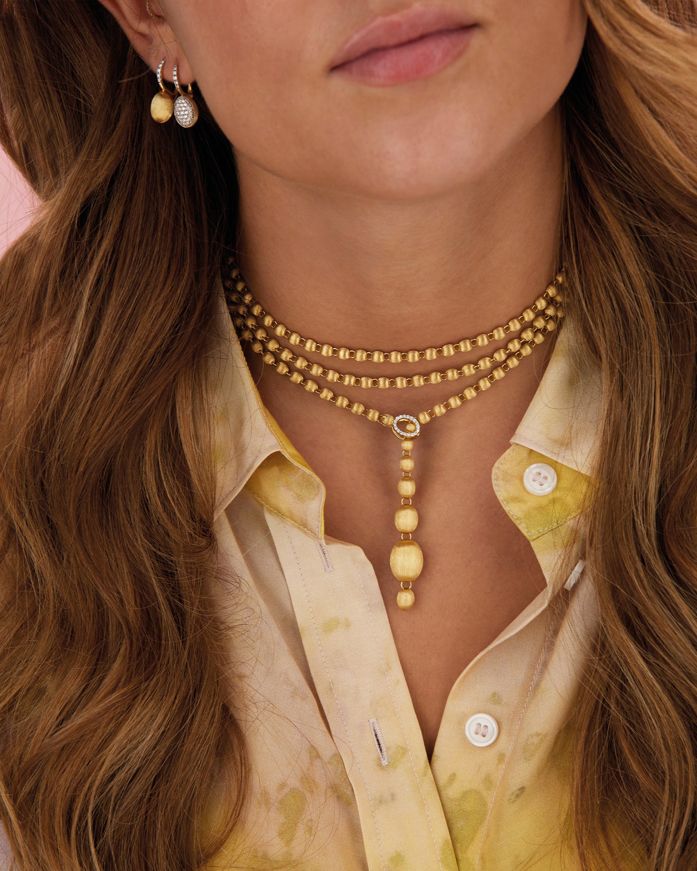 Collana iconica "IVY slim" convertibile con boules in oro incise a mano e diamanti (lunga)