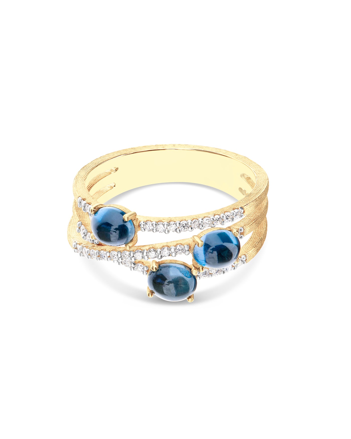 "azure" gold, diamonds and london blue topaz cross over ring 