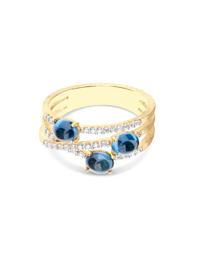 "azure" gold, diamonds and london blue topaz cross over ring